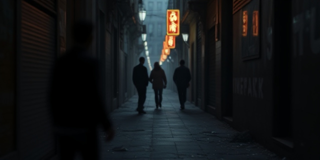 Una calle estrecha y oscura, con sombras alargadas y luces de neón parpadeantes. En el suelo, fragmentos de vidrio y restos de mobiliario urbano. Siluetas borrosas de personas en movimiento, pero sin rostros definidos. Atmósfera tensa y opresiva. Estilo cinematográfico, colores fríos y contrastados.