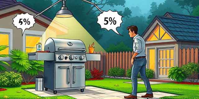 Una ilustración satírica de estilo editorial. Un patio trasero suburbano donde una parrilla de lujo brilla intensamente bajo un reflector, mientras un hombre con ropa casual mira la etiqueta de precio con una expresión de shock cómico. Alrededor, burbujas de texto con símbolos de porcentaje (%) flotando como si fueran humo de barbacoa. Colores vibrantes, estilo caricatura sofisticada de revista financiera.