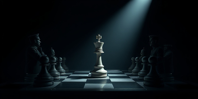 Imagen conceptual: Un tablero de ajedrez en sombras, con piezas que representan figuras políticas y militares. Un foco de luz ilumina el centro del tablero, donde una pieza (representando al gobierno) parece controlar las demás. Estilo: Neo-noir, contrastes fuertes, atmósfera tensa.