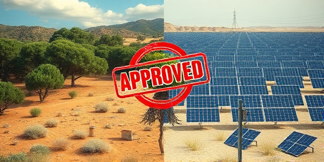 Una ilustración satírica y conceptual que muestra un contraste violento: la mitad de la imagen es un bosque mediterráneo frondoso con encinas antiguas, y la otra mitad es un desierto gris lleno de paneles solares industriales. En el centro, un sello oficial de goma roja que dice 