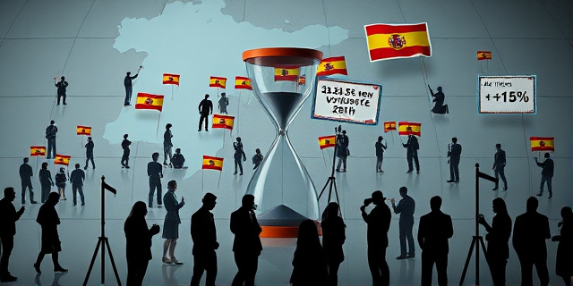 
  Imagen surrealista de un mapa de Andalucía superpuesto con siluetas de personas dispersas por el mundo (Buenos Aires, París, Berlín) sosteniendo urnas transparentes llenas de banderas españolas y papeles con sellos de consulados. Al fondo, un reloj de arena que marca 