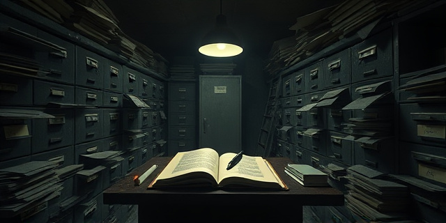 Una habitación oscura y polvorienta, llena de archivadores metálicos desordenados y papeles amontonados. En el centro, una única lámpara ilumina un escritorio con una libreta abierta y una pluma estilográfica. El ambiente sugiere secretos y control, pero sin rostros visibles.