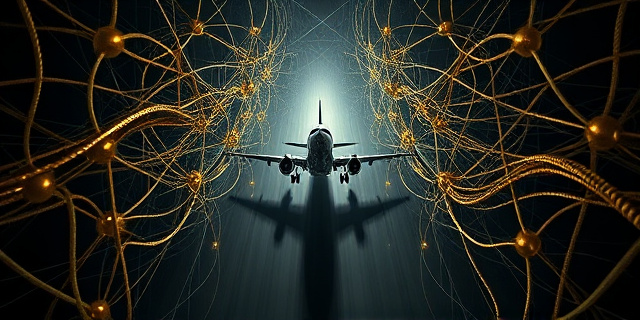 Una compleja red de hilos dorados y grises entrelazados, representando conexiones ocultas y corrupción. En el centro, una silueta abstracta de un avión en apuros, rodeada de sombras alargadas. El estilo debe ser pictórico, con pinceladas gruesas y colores oscuros, evocando una sensación de intriga y desconfianza. La iluminación debe ser tenue y dramática, con fuertes contrastes entre luces y sombras. No incluir rostros ni logotipos.
