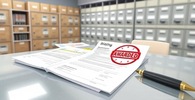 Oficina con documentos de licitación y contratos públicos sobre una mesa, con un sello de 