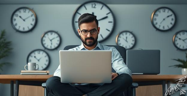 Un hombre sentado en una oficina con una laptop, rodeado de relojes que muestran horas de trabajo intensas.