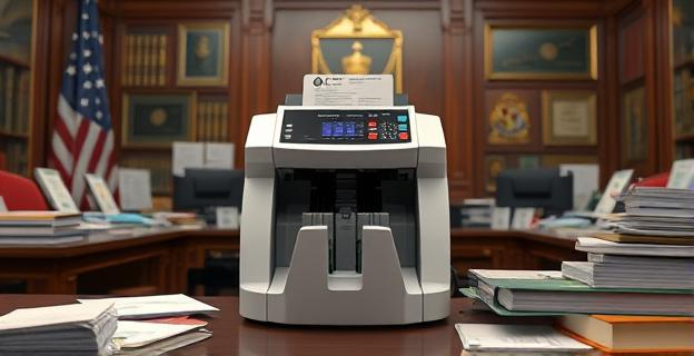 Una máquina contadora de billetes en una oficina gubernamental con papeles y documentos oficiales alrededor