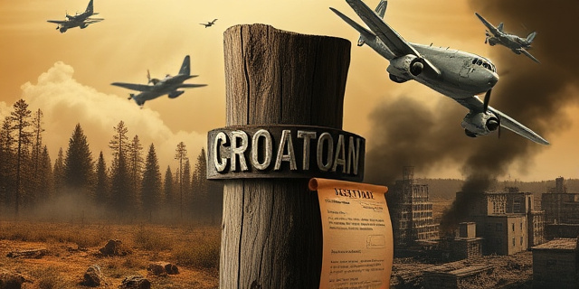 Un collage que mezcla una escena de un bosque en ruinas con una nube de polvo sobre Siberia, un poste de madera con la palabra CROATOAN tallada, un avión militar de la Segunda Guerra Mundial cayendo, una carta de telegrama antigua y un escenario urbano con humo y edificios derruidos, todo en tonos sepia y sombras dramáticas