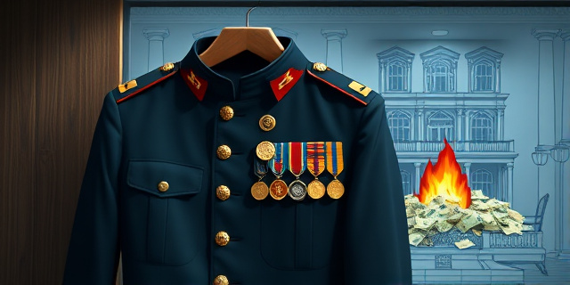 Una ilustración conceptual y satírica. Un uniforme militar de gala colgado en una percha, donde las medallas han sido sustituidas por monedas de oro y pequeños billetes. De fondo, un plano arquitectónico de una casa de campo que se transforma en un montón de billetes quemándose. Estilo editorial, colores contrastados, atmósfera de oficina judicial fría.