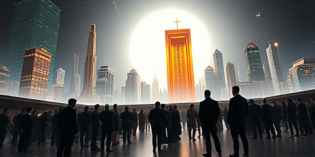 Una ilustración conceptual y surrealista de una ciudad futurista siendo absorbida por una luz blanca cegadora de una estrella colapsando. En primer plano, una fila interminable de personas esperando frente a un ascensor espacial dorado, mientras algunos personajes con trajes lujosos saltan la fila. Estilo artístico digital, contrastes fuertes entre el naranja del fuego y el azul del vacío espacial, atmósfera de desesperación y opulencia.