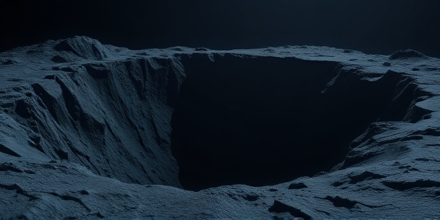Representación artística de un cráter profundo y oscuro en un planeta rocoso, con un brillo azulado tenue en el fondo que sugiere la presencia de hielo. La imagen debe evocar una sensación de misterio y aislamiento. Usa una paleta de colores fríos y contrastes marcados.