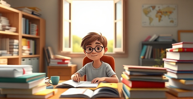 Una imagen que represente a un joven estudiante sentado en una mesa desordenada, rodeado de libros y notas, con una expresión de determinación en su rostro. Al fondo, una ventana abierta que deja ver un paisaje soleado con oportunidades representadas como puertas abiertas o caminos que se bifurcan. La luz del sol ilumina la escena, simbolizando la claridad y el optimismo que la frase de Séneca aporta.