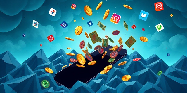 Una ilustración conceptual y satírica. Un teléfono inteligente gigante que actúa como un agujero negro financiero, absorbiendo monedas y billetes de colores. El fondo es un cielo digital tormentoso con símbolos de redes sociales flotando. Estilo artístico moderno, colores vibrantes pero con un aire de ironía y riesgo, sin rostros humanos reales.