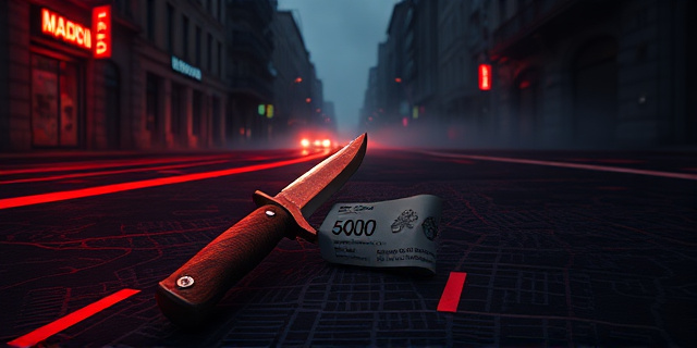 Una ilustración conceptual y oscura de una calle urbana de Madrid. En el suelo, un mapa de la ciudad dividido por líneas rojas brillantes como si fueran fronteras sangrientas. En primer plano, un machete oxidado apoyado sobre una multa de tráfico arrugada de 600 euros. Estilo artístico de novela negra, contrastes fuertes, atmósfera nocturna y humo, sin rostros humanos.