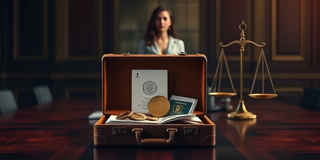 Una ilustración conceptual y satírica. Un maletín de cuero lujoso abierto sobre una mesa de juzgado de madera oscura; dentro del maletín, en lugar de documentos, hay logos de grandes tecnológicas y monedas de oro. Al fondo, una silueta femenina elegante y difuminada frente a una balanza de la justicia que está inclinada por el peso de un pasaporte tachado. Estilo editorial de revista política, colores contrastados, luz dramática.
