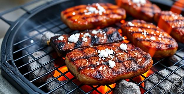 Una imagen de una parrilla con sal gruesa sobre las brasas y una deliciosa carne asada