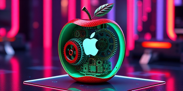Una manzana digital desmembrada en sus componentes, mostrando engranajes, circuitos y pequeños iconos que representan las nuevas funcionalidades de iOS 26. Estilo cyberpunk con iluminación neón.
