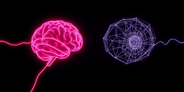 Una ilustración conceptual y surrealista de dos cerebros humanos enfrentados. Uno está compuesto por cables de neón brillantes y densamente entrelazados que irradian energía eléctrica intensa. El otro está formado por hilos finos, etéreos y espaciados, como una telaraña delicada y tenue. Fondo oscuro y minimalista, estilo arte digital moderno, alta resolución, sin texto.