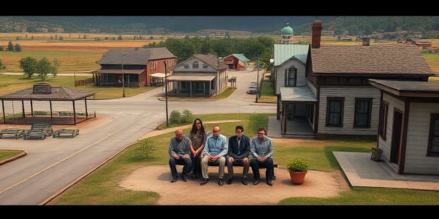 Una ciudad smalltown en el sur de Estados Unidos, con calles vacías y edificios antiguos, rodeada de campos y bosques. En el centro de la imagen, un grupo de personas sentadas en un porche, mirando hacia la cámara con expresiones serias y reservadas.