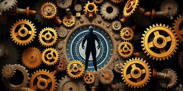 Imagen conceptual: Un laberinto de engranajes dorados y oxidados que se desmoronan. Algunos engranajes tienen etiquetas con nombres de empresas y entidades financieras. En el centro, una figura abstracta, envuelta en sombras, manipulando los engranajes. Colores: tonos oscuros de oro, gris y negro. Estilo: surrealista, con un toque de crítica social.
