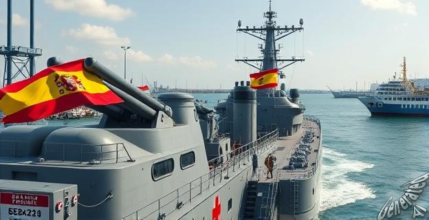 Un buque de la Armada española con bandera española y cañones MK38 en la cubierta, en el puerto de Cartagena, con militares y sanitarios a bordo.