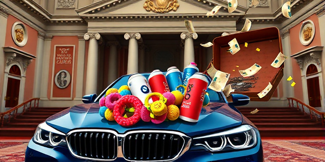 Una ilustración satírica de un coche de lujo BMW estacionado frente a un teatro clásico y opulento. Sobre el capó del coche, una montaña de yoyós coloridos, tazas de café y botellas de agua con logos corporativos genéricos. Al fondo, un maletín de cuero abierto del que salen billetes de euro volando como si fueran confeti, estilo caricatura editorial de periódico, colores vibrantes y contraste marcado.