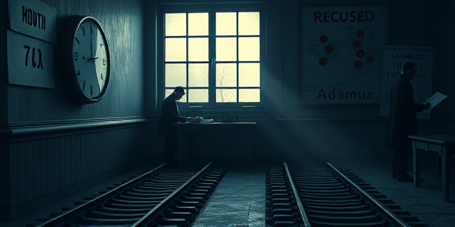 
  Una escena judicial en penumbra, con un juzgado vacío donde solo hay un reloj de pared marcando un mes detenido. En primer plano, un tren oxidado y quietud, mientras en segundo plano se ven siluetas de abogados susurrando cerca de un mapa ferroviario con puntos rojos marcando Adamuz. La luz entra por una ventana sucia, iluminando documentos con sellos de 