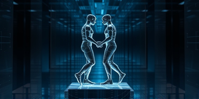 Una escultura abstracta que representa dos figuras humanas que se alejan lentamente la una de la otra. Las figuras están hechas de vidrio fracturado, simbolizando la fragilidad de las relaciones en un mundo individualista. El fondo es un laberinto de espejos, reflejando la obsesión por la autoimagen y la desconexión con los demás. Iluminación tenue y dramática, con sombras pronunciadas. Paleta de colores fríos: azules, grises y blancos.
