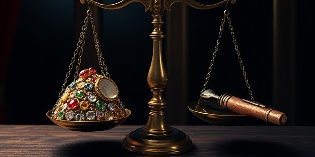 Una balanza de la justicia desequilibrada. A un lado, una montaña de joyas brillantes y ostentosas. Al otro, una pluma estilográfica oxidada y una lupa antigua. Fondo oscuro y dramático, con sombras que sugieren secretos y corrupción. Estilo pictórico barroco, con colores intensos y contrastados. Evitar rostros humanos.