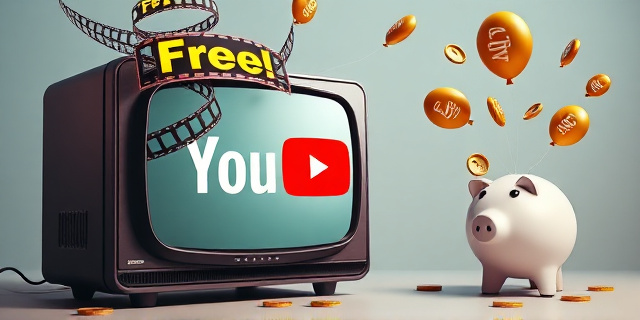 Una ilustración conceptual de un televisor antiguo fusionado con la interfaz moderna de YouTube. De la pantalla emergen cintas de película clásicas y símbolos de 
