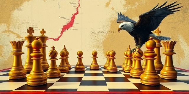 Una ilustración conceptual y satírica. Un tablero de ajedrez donde las piezas españolas son de cartón y están desgastadas, mientras que las piezas marroquíes son de oro y dominan la partida. De fondo, un mapa abstracto del estrecho de Gibraltar con una sombra de un águila estadounidense observando la escena. Estilo editorial de revista política, colores contrastados, atmósfera de tensión y cinismo.