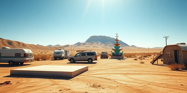 Un paisaje desértico con grandes losas de concreto, un pequeño pueblo de trailers, chozas y un camión estacionado, bajo un cielo azul intenso. Al fondo, una montaña de pintura con colores vibrantes y una fuente de agua improvisada. La escena transmite una mezcla de abandono y creatividad, con la luz del sol reflejándose en el polvo.