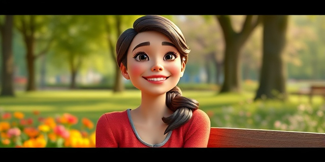 Una mujer sonriente y relajada, sentada en un parque con flores y árboles alrededor, con una expresión de paz y felicidad en su rostro.