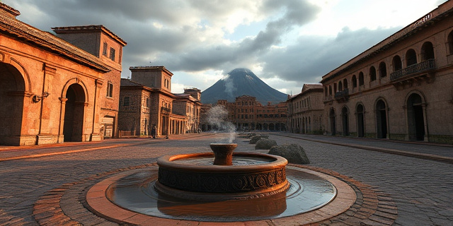 una escena con una antigua ciudad romana, calles de adoquines, una columna de agua de una fuente de barro con vapor, restos de una bañera de piedra, un cielo con nubes oscuras y una erupción volcánica en la distancia, sin rostros humanos, sin texto, estilo artístico realista