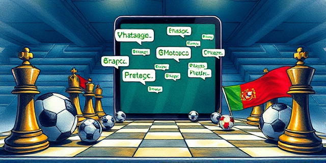 Una ilustración satírica estilo editorial de periódico. Un tablero de ajedrez donde las piezas son balones de fútbol y banderas de España, Portugal y Marruecos. En el fondo, un teléfono inteligente gigante muestra burbujas de chat de WhatsApp flotando sobre el tablero. Colores vibrantes pero con un aire de intriga política, sombras alargadas y estilo de dibujo a tinta y acuarela.
