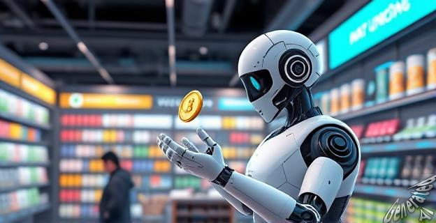 Ilustración de un robot de IA realizando un pago con criptomonedas en una tienda virtual